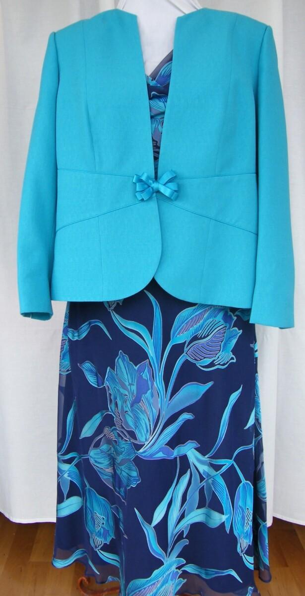 jacques vert PEACOCK RANGE NAVY DEVORE DRESS IN TURQUOISE & BLUE FLOWER HEAD PRINT & PEACOCK TURQUOISE WOVEN JACKET