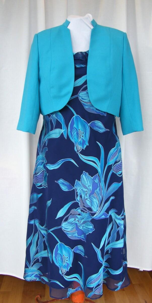 jacques vert PEACOCK RANGE NAVY DEVORE DRESS IN TURQUOISE & BLUE FLOWERHEAD PRINT & PEACOCK TURQUOISE SHORT JACKET