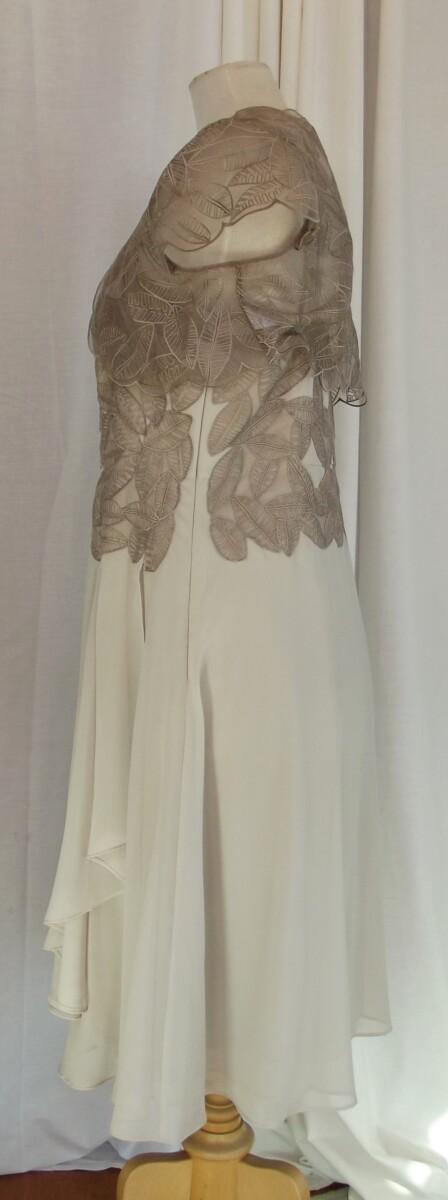 Jacques Vert PEBBLE RANGE BRONZE LEAF LACE BOLERO & BRONZE LEAF LACE APPLIQUED ONTO BODICE OF ECRU CHIFFON DRESS