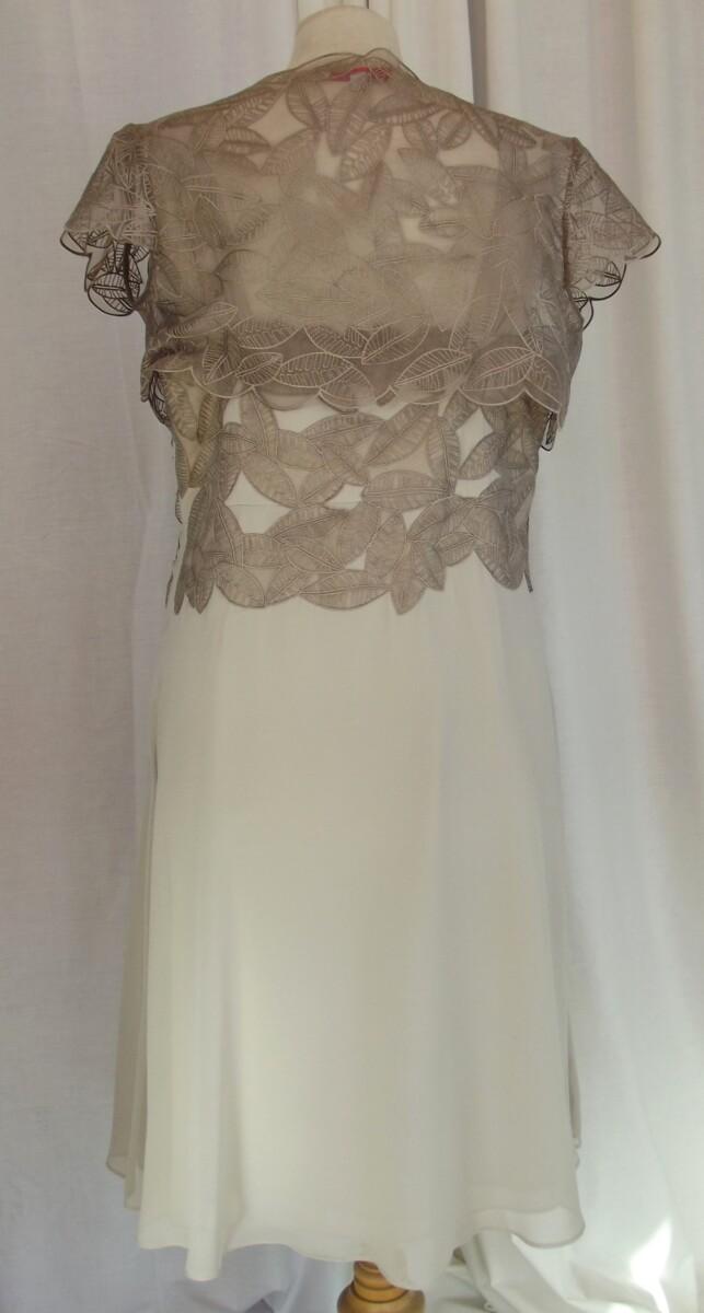 Jacques Vert PEBBLE RANGE BRONZE LEAF LACE BOLERO & BRONZE LEAF LACE APPLIQUED ONTO BODICE OF ECRU CHIFFON DRESS