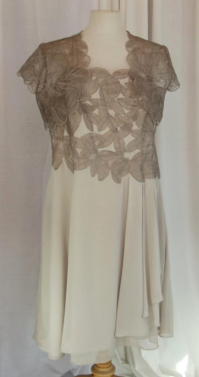 jacques vert PEBBLE RANGE BRONZE LEAF LACE BOLERO & BRONZE LEAF LACE APPLIQUED ONTO BODICE OF ECRU CHIFFON DRESS