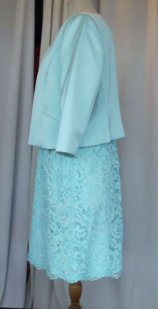 Jacques Vert PETITE AQUA/ TURQUOISE LACE SHIFT DRESS MATCHING PETITE AQUA/ TURQUOISE SATIN JACKET