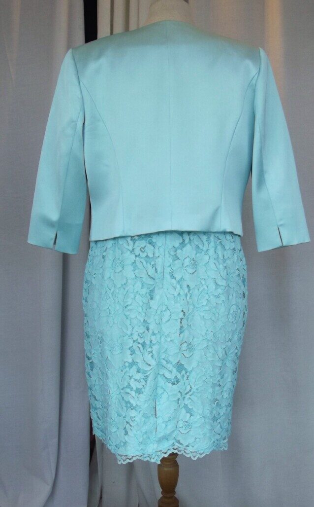 Jacques Vert PETITE AQUA/ TURQUOISE LACE SHIFT DRESS MATCHING PETITE AQUA/ TURQUOISE SATIN JACKET