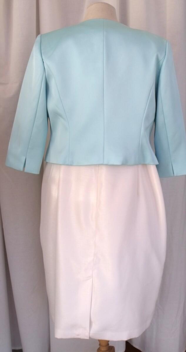 Jacques Vert PETITE IVORY SHANTUNG SHIFT DRESS AQUA/ TURQUOISE EMBROIDERY MATCHING AQUA/ TURQUOISE SATIN JACKET