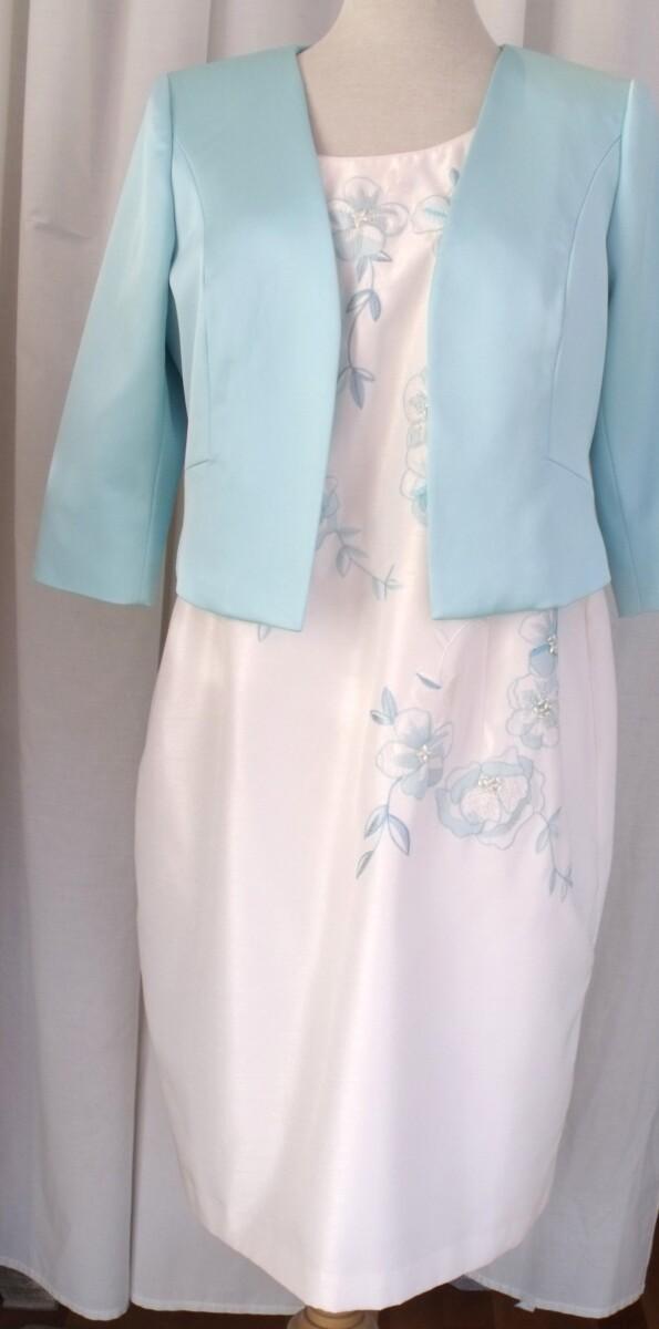 jacques vert PETITE IVORY SHANTUNG SHIFT DRESS AQUA/ TURQUOISE EMBROIDERY MATCHING AQUA/ TURQUOISE SATIN JACKET