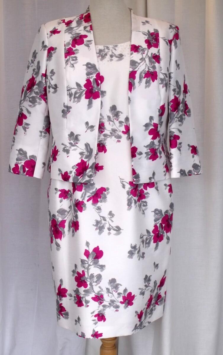 jacques vert PETITE RANGE IVORY SHANTUNG DRESS & JACKET CERISE & GREY FLOWERHEAD PRINT