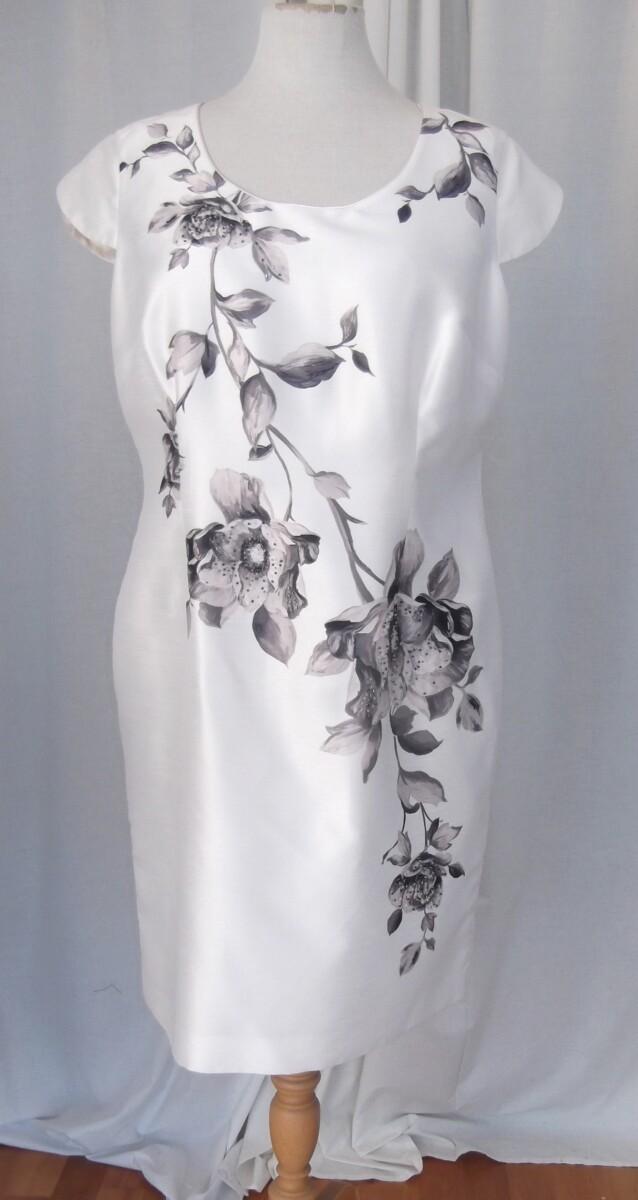 Jacques Vert PETITE RANGE IVORY SHANTUNG SHIFT DRESS BEADED OIL PAINTING PLACEMENT PRINT IVORY CREPE ANGLE EDGE JACKET PIPED IN BROWN