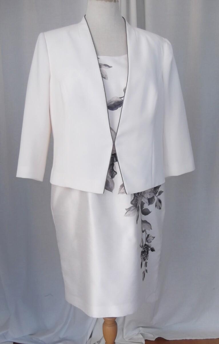 jacques vert PETITE RANGE IVORY SHANTUNG SHIFT DRESS BEADED OIL PAINTING PLACEMENT PRINT IVORY CREPE ANGLE EDGE JACKET PIPED IN BROWN