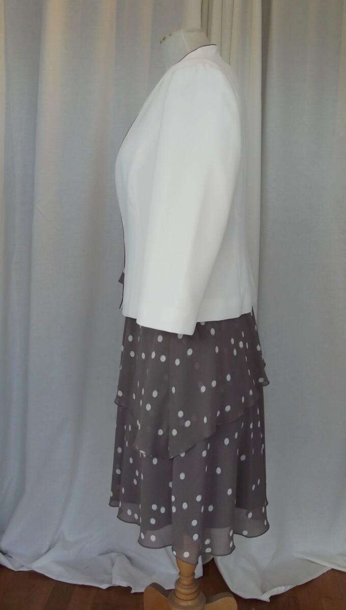 Jacques Vert PETITE RANGE PIPE BROWN WATERFALL CHIFFON DRESS RANDOM SPOT PRINT IVORY CREPE ANGLE EDGE JACKET PIPED IN BROWN
