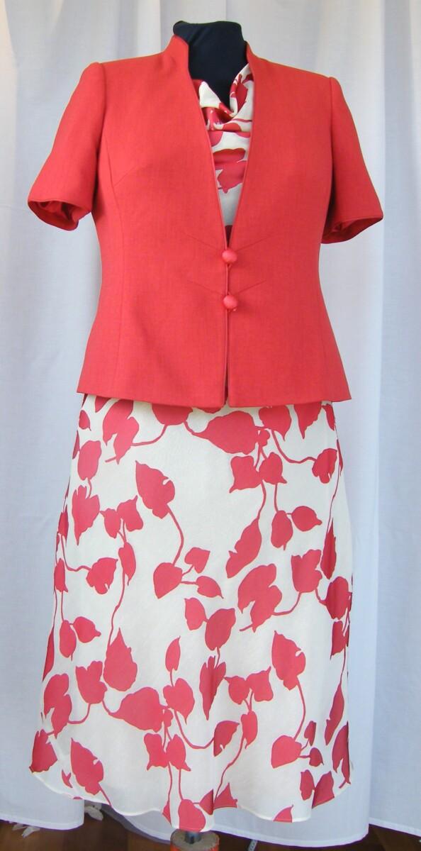 jacques vert PIMENTO RANGE IVORY MUSLIN DRESS PIMENTO RED DEVORE LEAF PATTERN & PIMENTO RED SHORT SLEEVED JACKET
