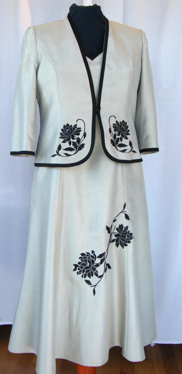 jacques vert PISTACHIO & MILK CHOCOLATE RANGE DRESS & JACKET IN SHOT TAFFETA WITH A HINT OF GREEN EMBROIDERED WITH BLACK FLOWERHEADS