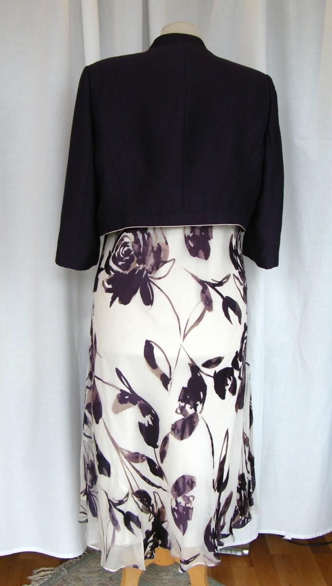Jacques Vert PLUM RANGE 19% SILK DEVORE DRESS PLUM ROSA GRANDE PRINT & PLUM NOTCH NECK SHORT JACKET