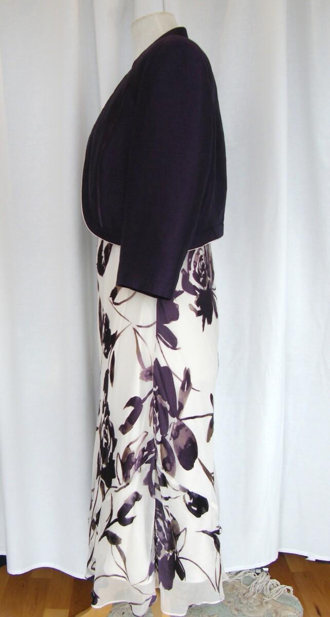 Jacques Vert PLUM RANGE 19% SILK DEVORE DRESS PLUM ROSA GRANDE PRINT & PLUM NOTCH NECK SHORT JACKET