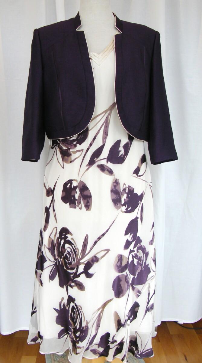 jacques vert PLUM RANGE 19% SILK DEVORE DRESS PLUM ROSA GRANDE PRINT & PLUM NOTCH NECK SHORT JACKET