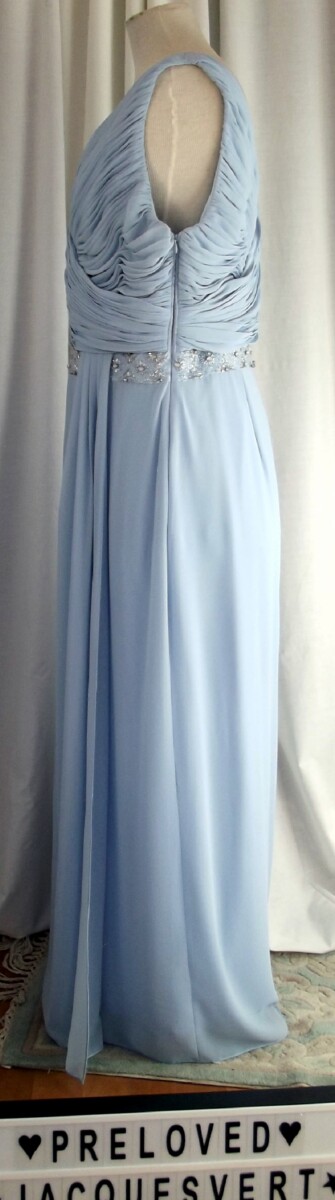 Jacques Vert POWDER BLUE CHIFFON FLOOR LENGTH EVENING GOWN BEADED AT WAIST BAND