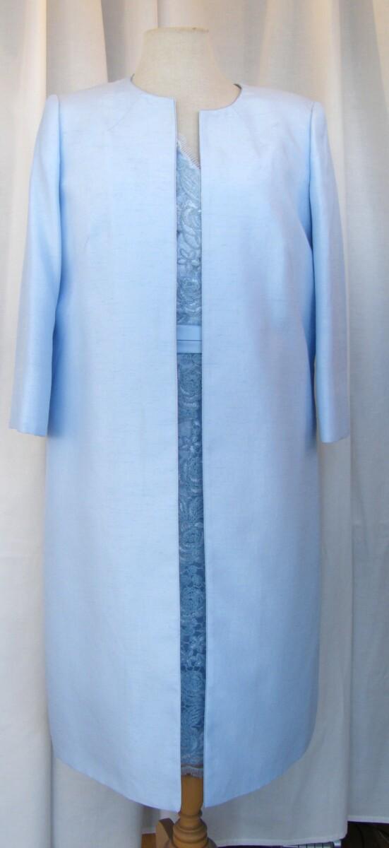 jacques vert POWDER BLUE SHANTUNG COAT & MATCHING POWDER BLUE CORDED LACE SHIFT DRESS CORSAGE INCLUDED