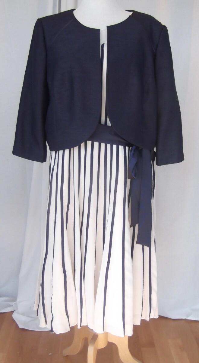 jacques vert PRELUDE COLLECTION IVORY CHIFFON DRESS VERTICAL BANDS OF PURPLE SILK RIBBONS & DAMSON PURPLE SHANTUNG SHORT JACKET OPTIONAL SATIN SASH