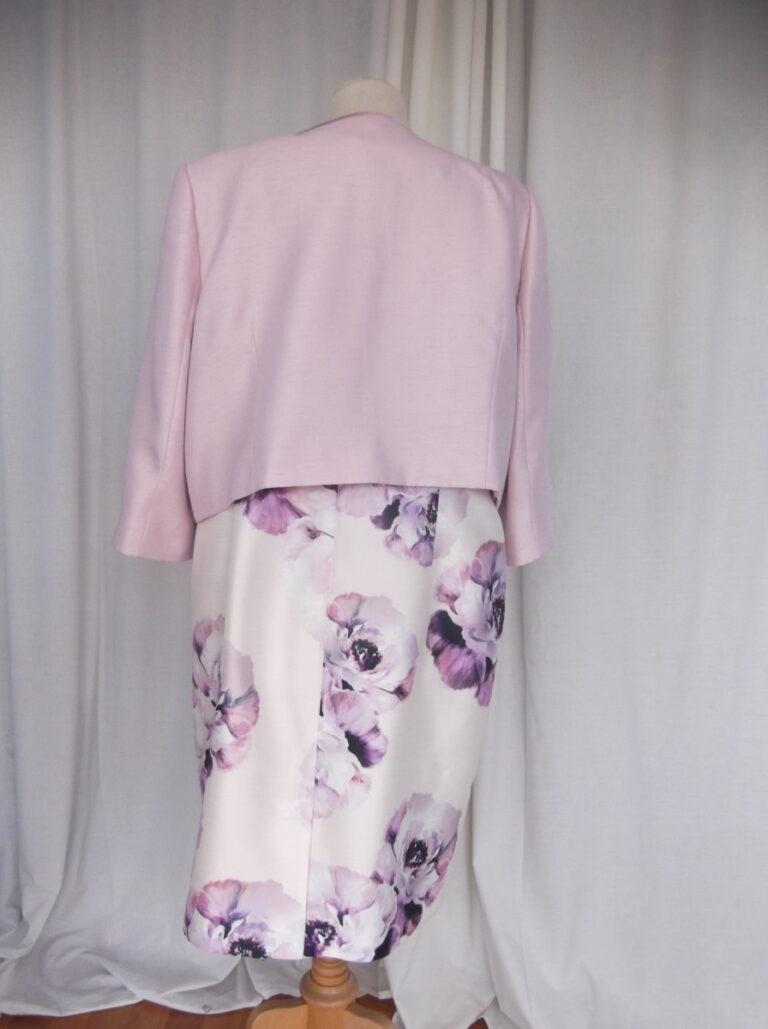Jacques Vert PRELUDE COLLECTION IVORY SHANTUNG SHIFT DRESS ICE PINK & DAMSON FLORAL PRINT & ICE PINK SHANTUNG JACKET