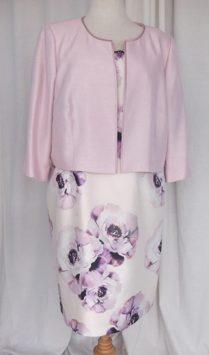 jacques vert PRELUDE COLLECTION IVORY SHANTUNG SHIFT DRESS ICE PINK & DAMSON FLORAL PRINT & ICE PINK SHANTUNG JACKET