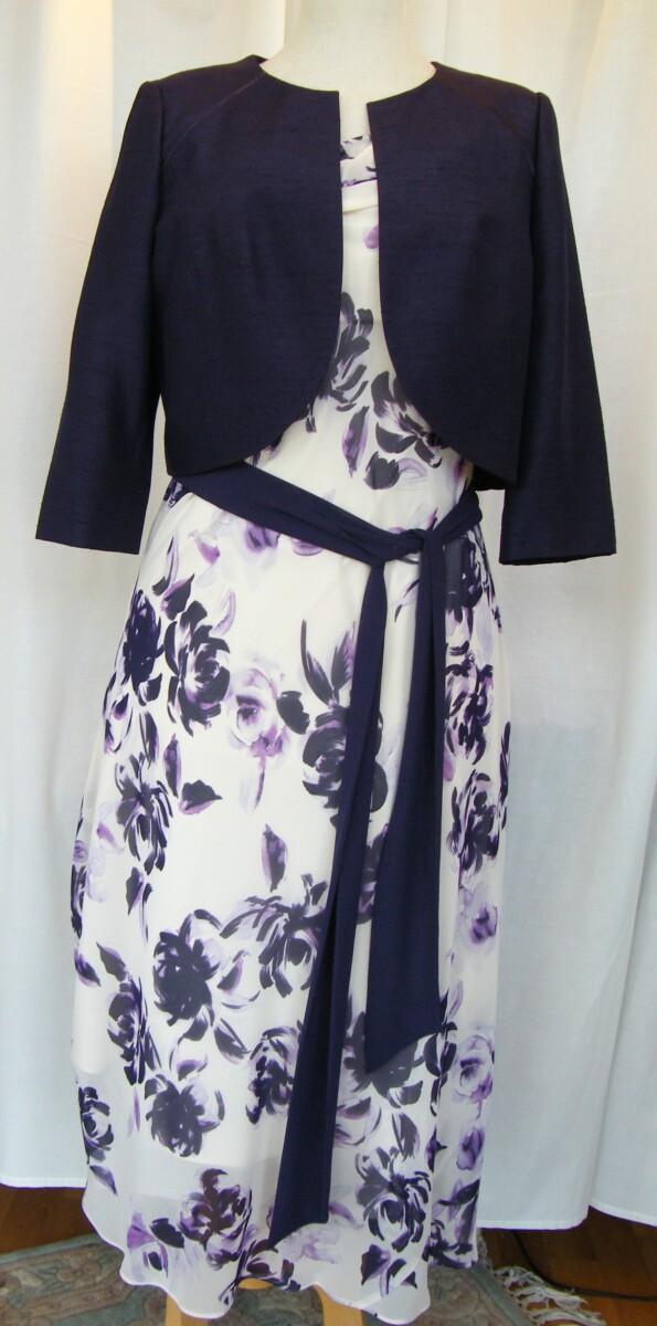 jacques vert PRELUDE COLLECTION SONATA RANGE POWDER PUFF CHIFFON DRESS ICE PINK & DAMSON FLORAL SHADOW PRINT & MATCHING DAMSON SHANTUNG SHORT JACKET