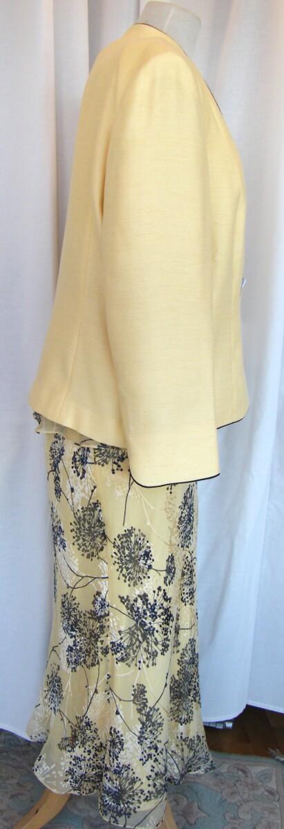 Jacques Vert PRIMROSE & NAVY RANGE PRIMROSE SILK DEVORE SKIRT & TOP NAVY POMEGRANITE SEED HEAD PRINT PRIMROSE WOVEN JACKET EDGED IN NAVY