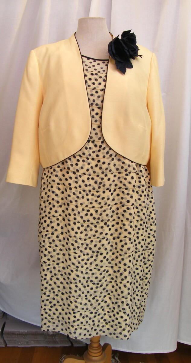 jacques vert PRIMROSE & NAVY SPOT SHUTTER PLEAT SHIFT DRESS & PRIMROSE SHORT JACKET EDGED IN NAVY