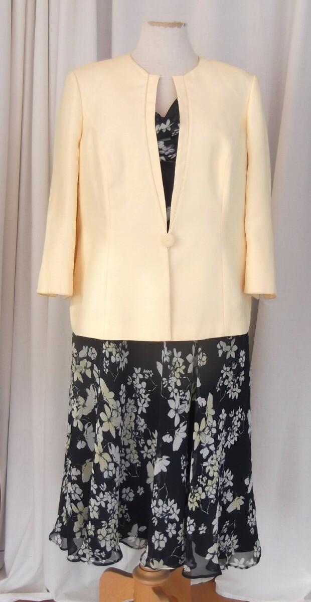 jacques vert PRIMROSE RANGE NAVY BLUE CREPE CHIFFON FIT & FLARE DRESS YELLOW FLORAL PRINT PRIMROSE YELLOW SHANTUNG JACKET