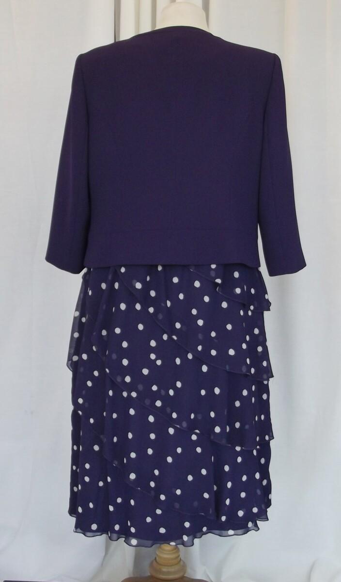Jacques Vert PURPLE CHIFFON IVORY SPOT DRESS WITH ASYMETRICAL WATERFALL FRILLS & PURPLE CREPE BAILEY JACKET