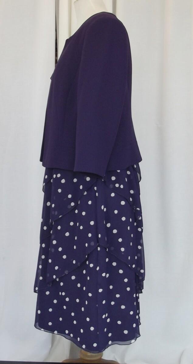 Jacques Vert PURPLE CHIFFON IVORY SPOT DRESS WITH ASYMETRICAL WATERFALL FRILLS & PURPLE CREPE BAILEY JACKET