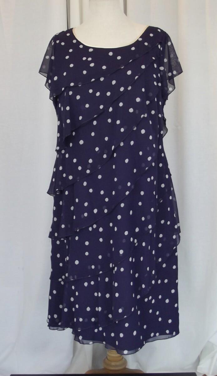 Jacques Vert PURPLE CHIFFON IVORY SPOT DRESS WITH ASYMETRICAL WATERFALL FRILLS & PURPLE CREPE BAILEY JACKET