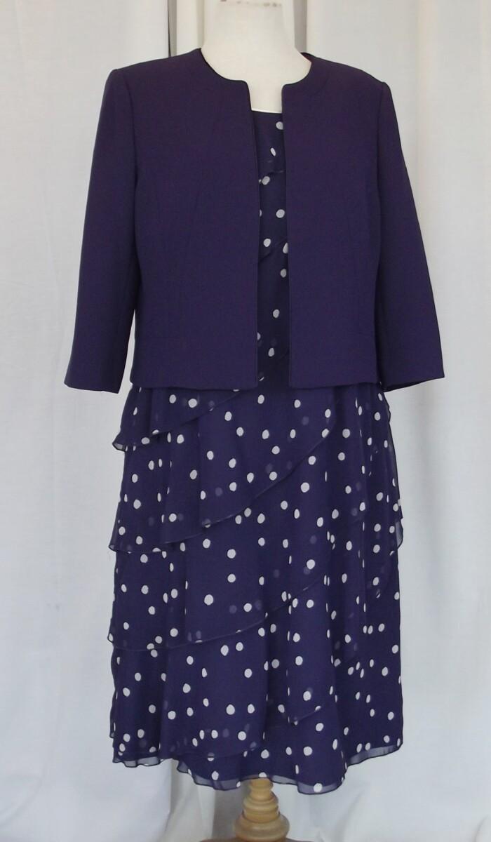 jacques vert PURPLE CHIFFON IVORY SPOT DRESS WITH ASYMETRICAL WATERFALL FRILLS & PURPLE CREPE BAILEY JACKET