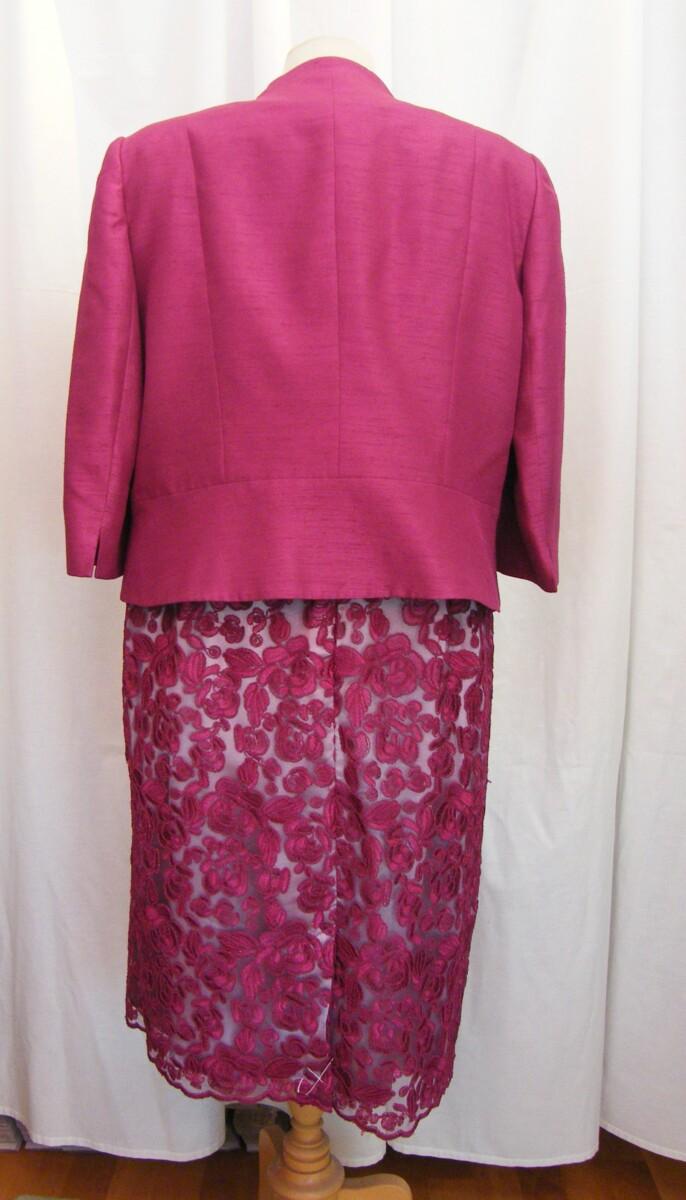 Jacques Vert RASPBERRY LACE SHIFT DRESS OVER SILVER GREY SATIN & RASPBERRY SHANTUNG JACKET