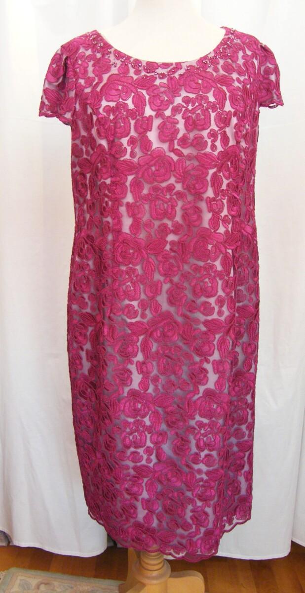 Jacques Vert RASPBERRY LACE SHIFT DRESS OVER SILVER GREY SATIN & RASPBERRY SHANTUNG JACKET