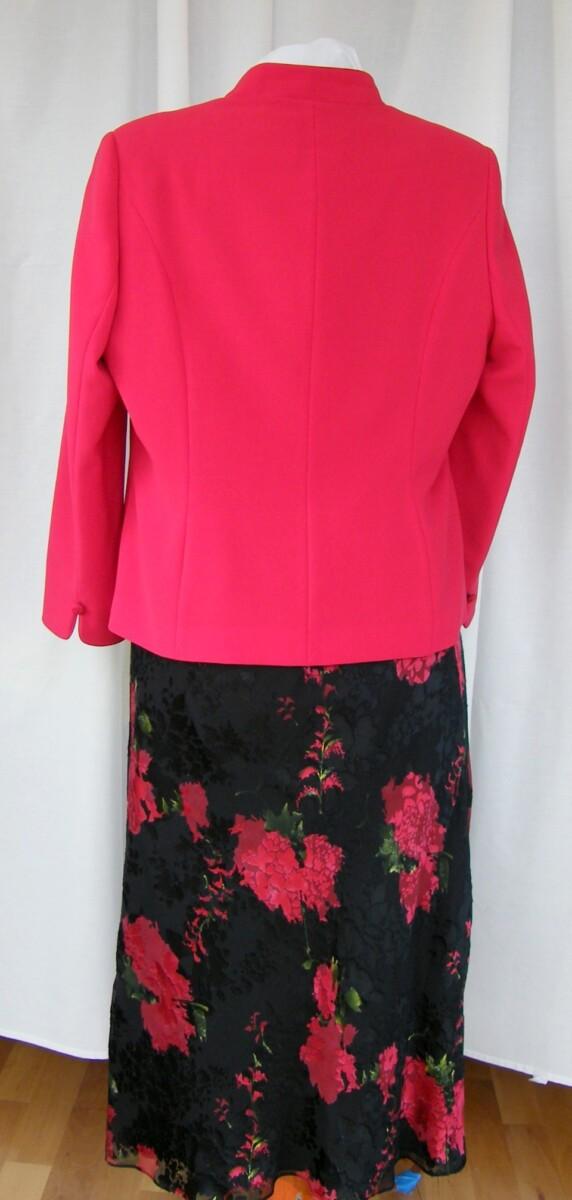 Jacques Vert RED CURRANT RANGE BLACK 17% SILK RED & BLACK DEVORE PRINT SKIRT & TOP RED FABRIC JACKET PETAL EDGED COLLAR