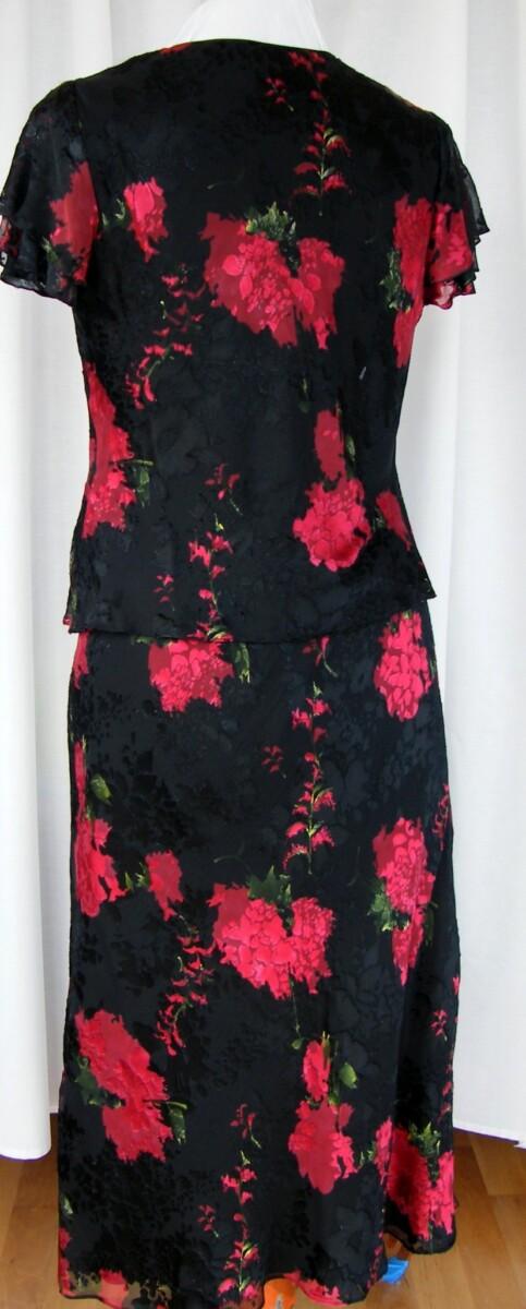 Jacques Vert RED CURRANT RANGE BLACK 17% SILK RED & BLACK DEVORE PRINT SKIRT & TOP RED FABRIC JACKET PETAL EDGED COLLAR