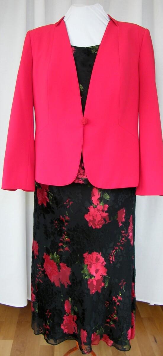 jacques vert RED CURRANT RANGE BLACK 17% SILK RED & BLACK DEVORE PRINT SKIRT & TOP RED FABRIC JACKET PETAL EDGED COLLAR