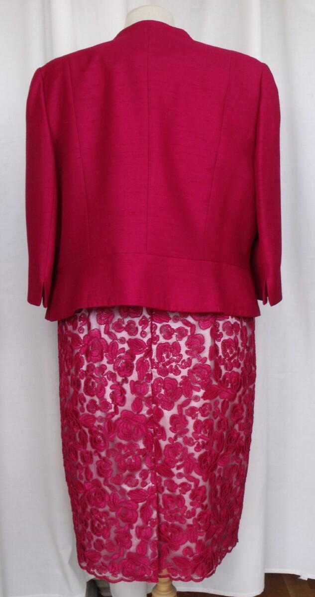 Jacques Vert ROSE RED OPULENT LACE SHIFT DRESS OVER SILVER GREY SATIN & ROSE RED WOVEN JACKET
