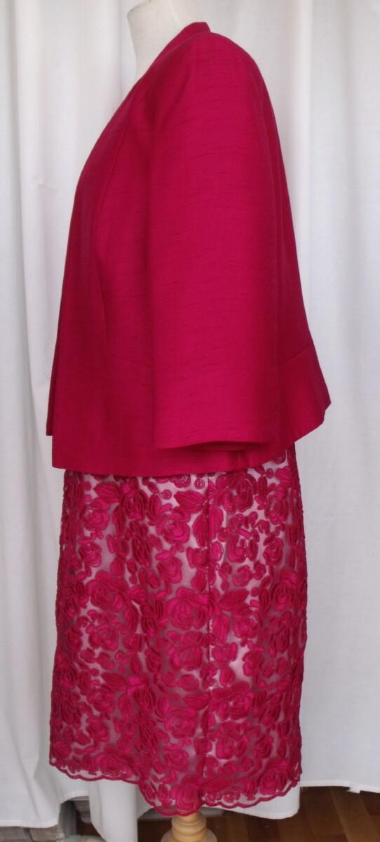 Jacques Vert ROSE RED OPULENT LACE SHIFT DRESS OVER SILVER GREY SATIN & ROSE RED WOVEN JACKET
