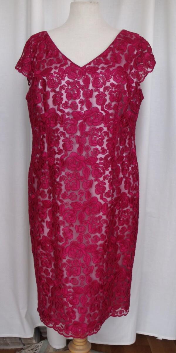Jacques Vert ROSE RED OPULENT LACE SHIFT DRESS OVER SILVER GREY SATIN & ROSE RED WOVEN JACKET