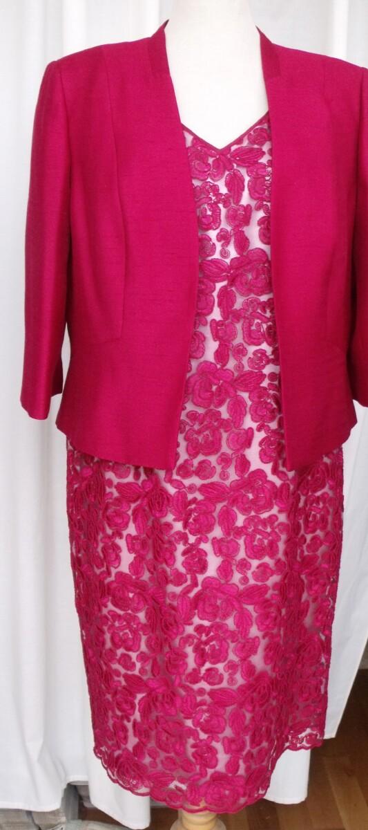 jacques vert ROSE RED OPULENT LACE SHIFT DRESS OVER SILVER GREY SATIN & ROSE RED WOVEN JACKET