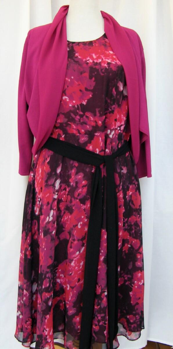 jacques vert ROSEHIP RANGE CERISE CHIFFON FIT & FLARE DRESS HYDRANGEA PRINT & CERISE KNITTED SHRUG LINED WITH CERISE CHIFFON