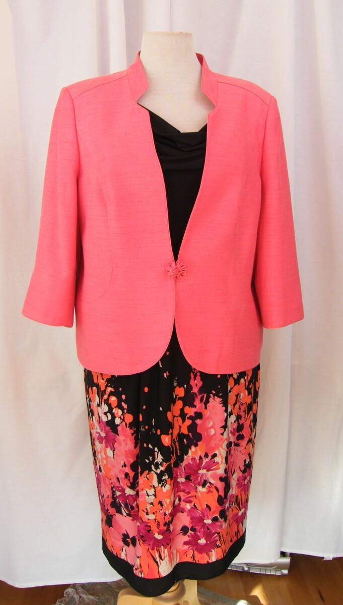 jacques vert ROWAN RANGE BLACK JERSEY DRESS VIBRANT CORAL PRINT ON SKIRT & CORAL NOTCH NECK JACKET
