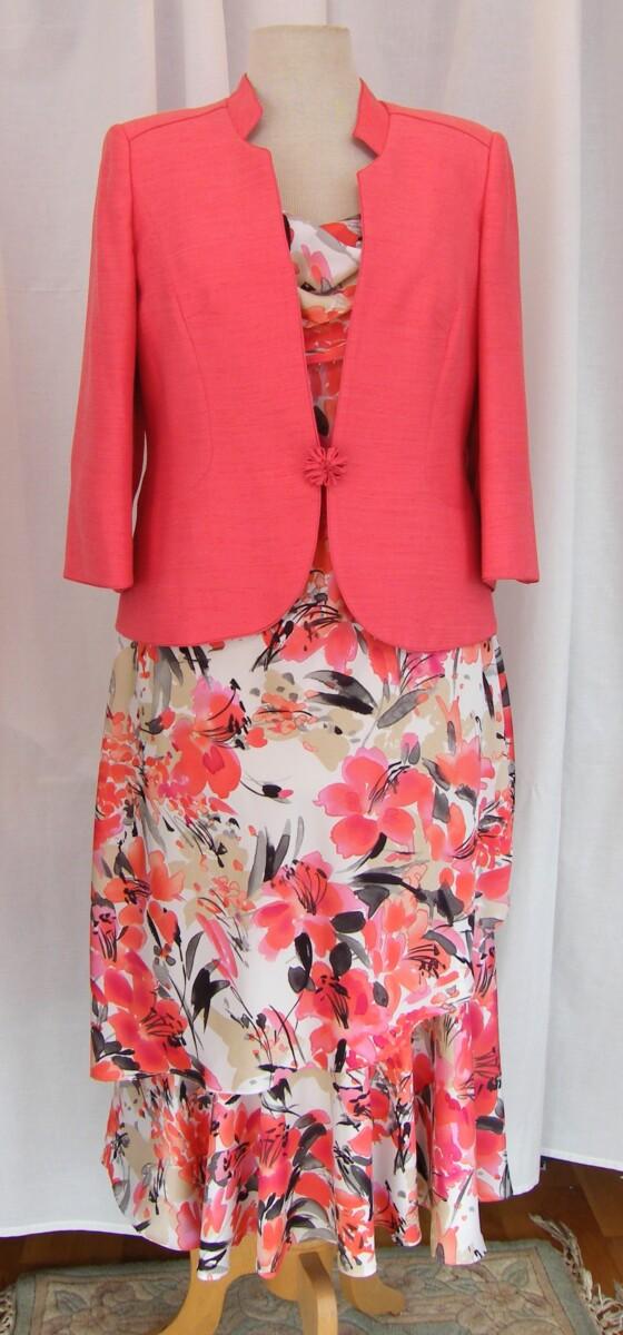 jacques vert ROWAN RANGE SATEEN DRESS CORAL PINK TROPICAL PRINT & CORAL PINK NOTCH NECK JACKET