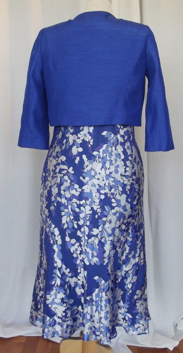 Jacques Vert ROYAL BLUE 11% SILK DEVORE ABSTRACT PRINT BIAS CUT DRESS & ROYAL BLUE SHANTUNG SHORT JACKET