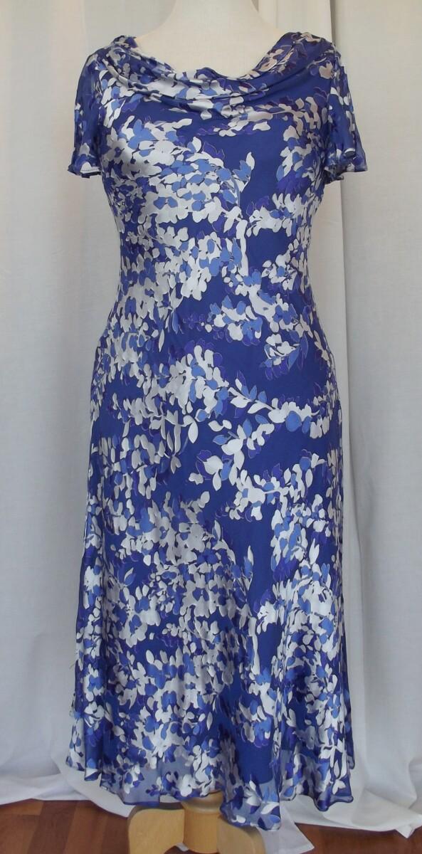 Jacques Vert ROYAL BLUE 11% SILK DEVORE ABSTRACT PRINT BIAS CUT DRESS & ROYAL BLUE SHANTUNG SHORT JACKET