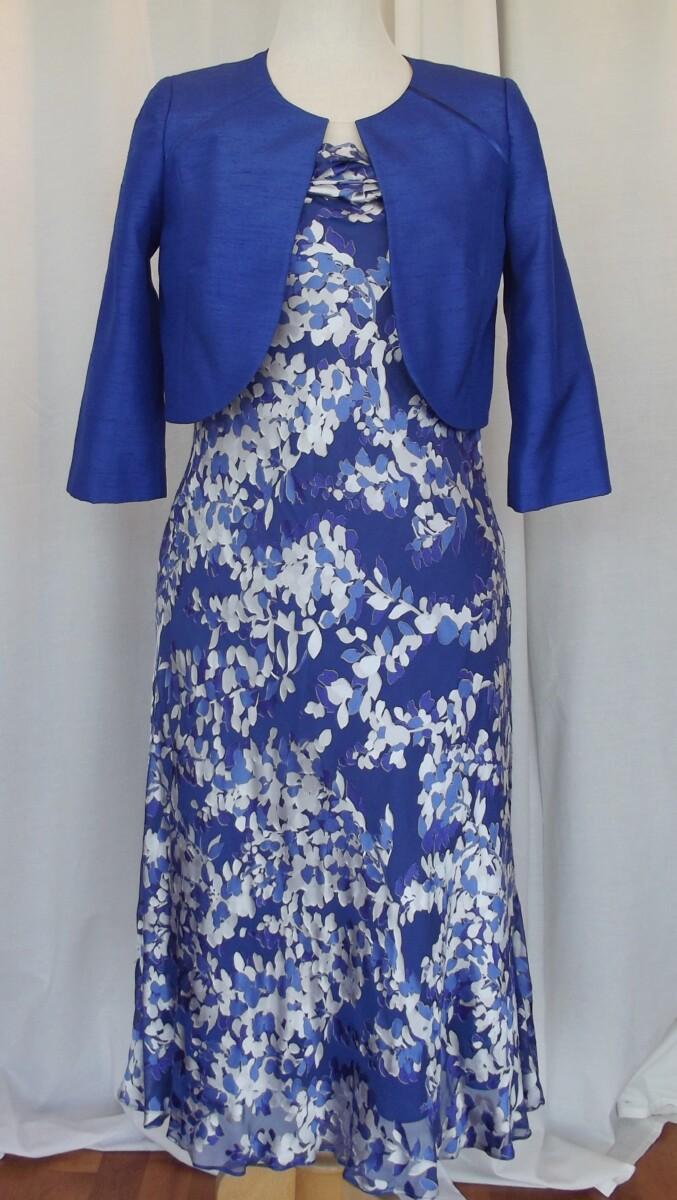 jacques vert ROYAL BLUE 11% SILK DEVORE ABSTRACT PRINT BIAS CUT DRESS & ROYAL BLUE SHANTUNG SHORT JACKET