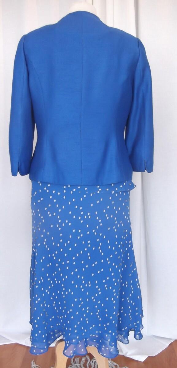 Jacques Vert ROYAL BLUE CHIFFON IVORY SPOT PRINT TOP & SKIRT MATCHING ROYAL BLUE WOVEN NOTCH NECK JACKET