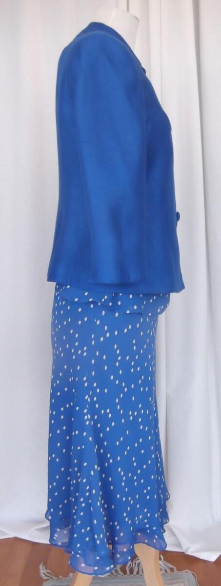 Jacques Vert ROYAL BLUE CHIFFON IVORY SPOT PRINT TOP & SKIRT MATCHING ROYAL BLUE WOVEN NOTCH NECK JACKET