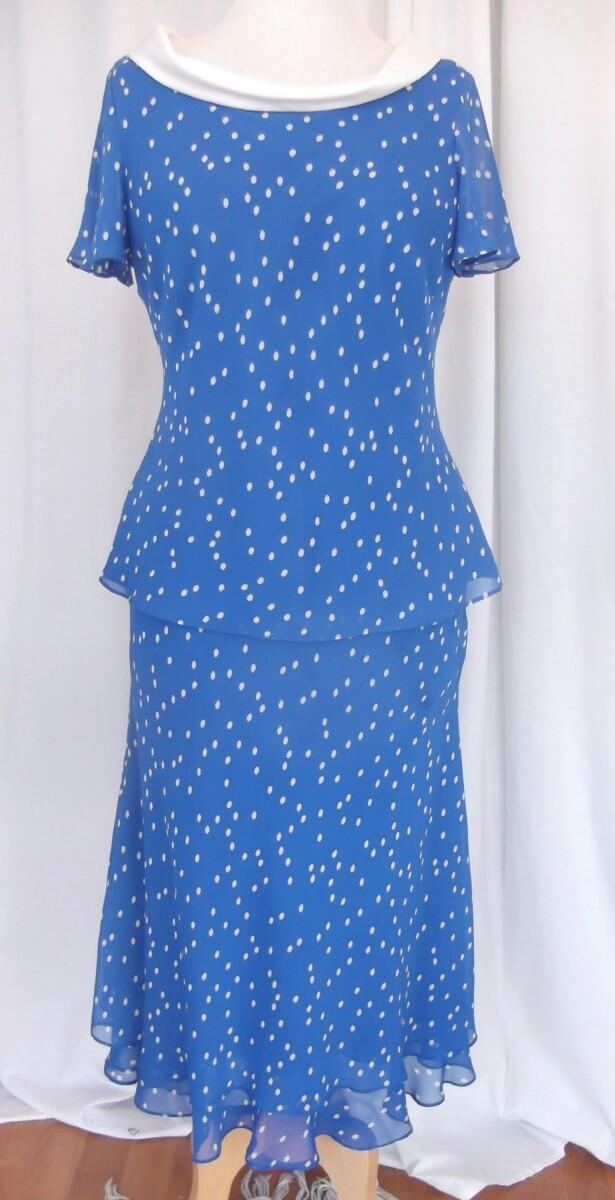 Jacques Vert ROYAL BLUE CHIFFON IVORY SPOT PRINT TOP & SKIRT MATCHING ROYAL BLUE WOVEN NOTCH NECK JACKET