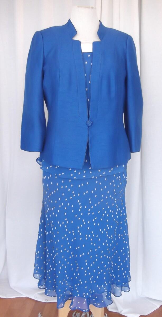 jacques vert ROYAL BLUE CHIFFON IVORY SPOT PRINT TOP & SKIRT MATCHING ROYAL BLUE WOVEN NOTCH NECK JACKET